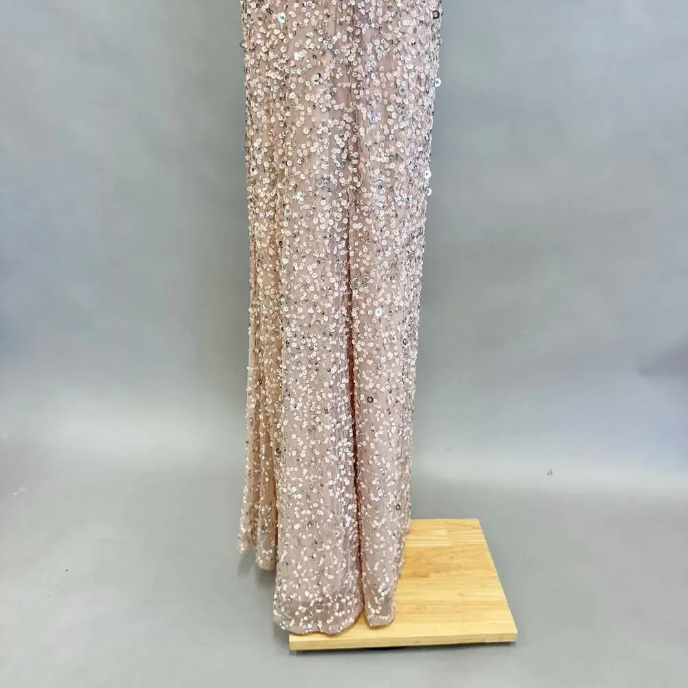 Adrianna Papell 3/4 Sleeve Scoop Back Champagne Sequin‎ Maxi Gown Size 4